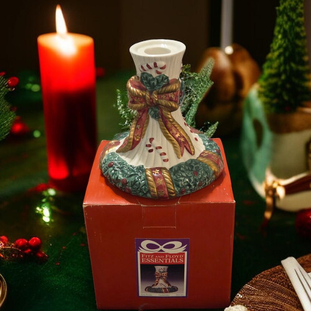 Fitz and Floyd Essentials Santa Wreath Candy Lane Candleholder in Original Box.